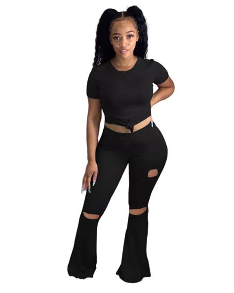 Black Sexy Skinny Big Flared Ripped Trousers Clothes Tracksuit Black Sexy