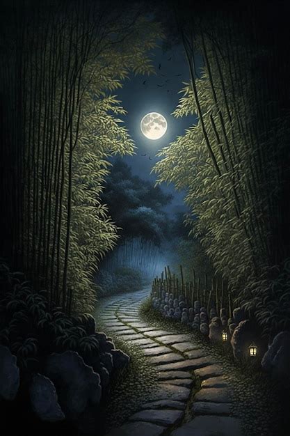 Premium Photo Painting Of A Path Through A Forest At Night Generative Ai