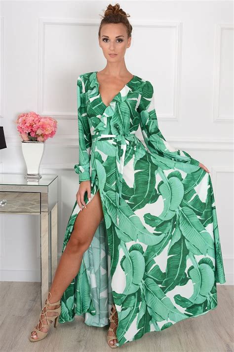 Sukienka Maxi Tanzania W Zielone Liście Fashion Dress Wrap Dress