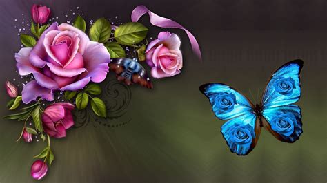 Flowers And Blue Butterfly