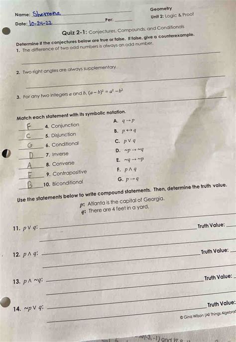 Geometry Name Per Unit 2 Logic And Proof Date Quiz 2 1