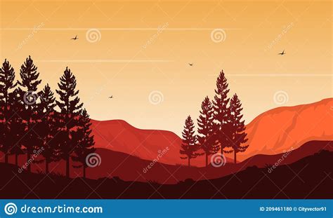 A Wonderful Scenery Of Trees And Mountains On A Warm Afternoon Vector
