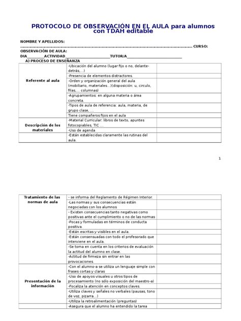 Protocolo De Observación En El Aula Para Alumnos Con Tdah Editable