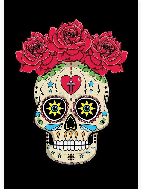 Sugar Skull With Roses Dia De Los Muertos Mexican Folk Art Spiral