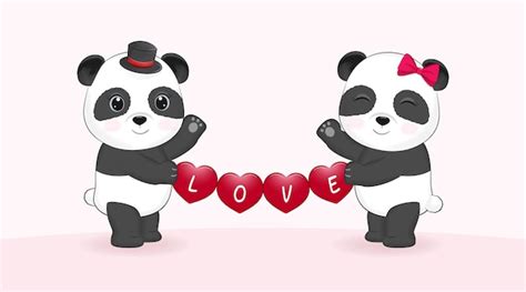 Premium Vector Cute Couple Panda And Heart Valentines Day Illustration