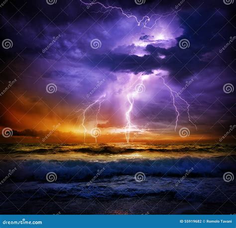 Lightning And Storm On Sea To The Sunset Stock Photo 55919682 Megapixl