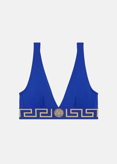 Versace Greca Border Triangle Bikini Top In Royal Blue Modesens