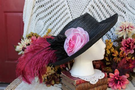 Ladies Black Tea Party Hat Vintg Victorian Wide Brim Ostrich Plume