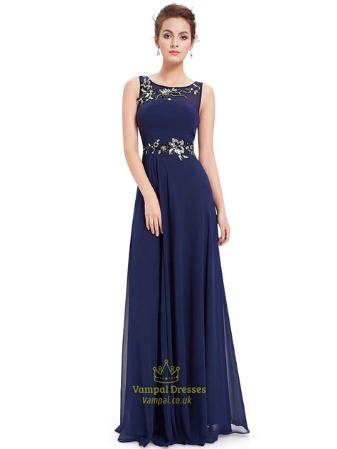 Navy Blue A Line Chiffon Floor Length Formal Dress With Embellishments