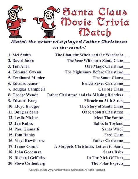 Christmas Santa Claus Movie Match Christmas Trivia Printable