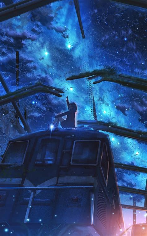 Wallpaper Train Scenic Anime Starry Sky Night Anime Girl