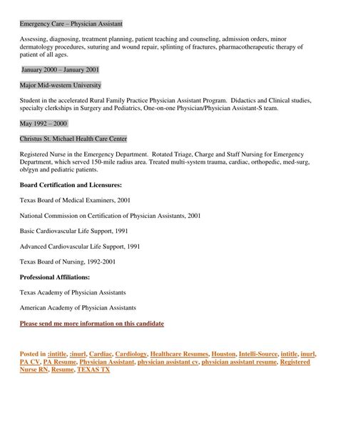 Resume Cv Houston Based Physician Assistant Cardiology And Ed