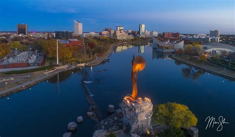 Aerial Autumn Sunset Over Wichita The Keeper Of The Plains Wichita