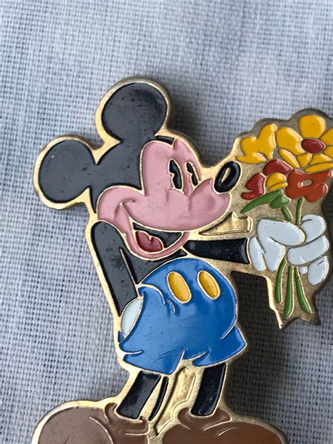 Vintage Enamel Mickey Mouse With Flower Bouquet Pin Etsy