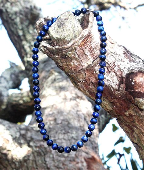 Blue Tiger Eye Necklace Mens Necklace Beaded Necklace Etsy