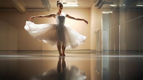 Ballet Dancer Poised Mid Leap Her Reflection Echoing In The Mirrored