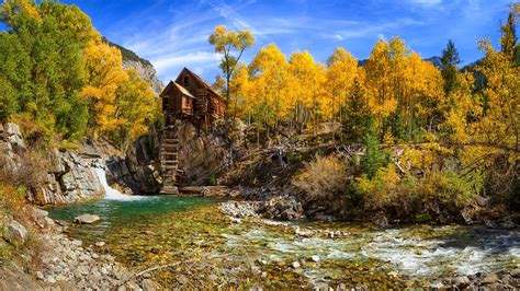 Trees Landscape Forest Fall Mountains Nature Yellow Blue River
