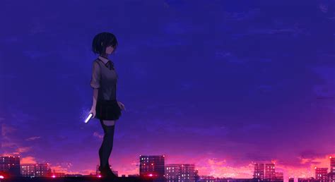 Anime Girl Rooftop Buildings Sunset School Uniform Anime Girl