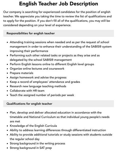 English Teacher Job Description Velvet Jobs