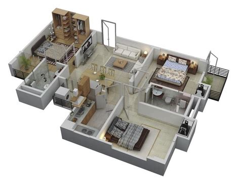 Access to two of the three bedrooms is a little further down the hallway, where they share access to the common bathroom; 50 Three "3" Bedroom Apartment/House Plans | Bungalow ...