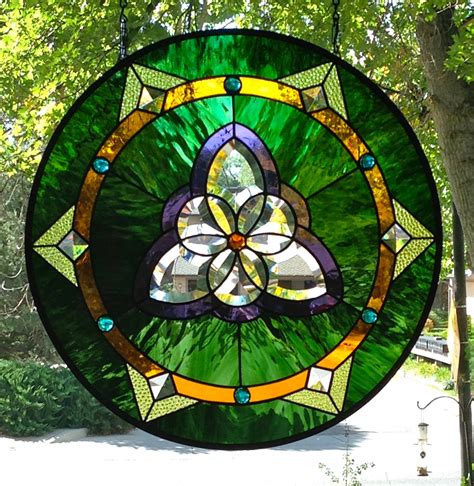 Celtic Illumination Trinity Circle Round Stained Glass Panel Delphi