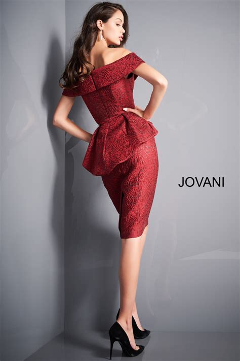 Jovani 04157 Burgundy Knee Length Peplum Evening Cocktail Dress