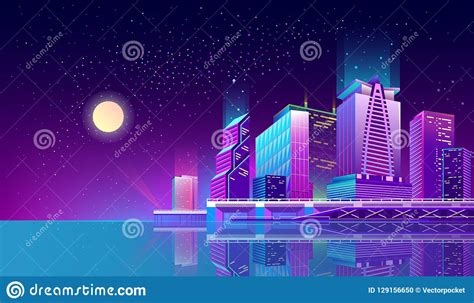 Vector Background With Night City In Neon Lights Stock Vector