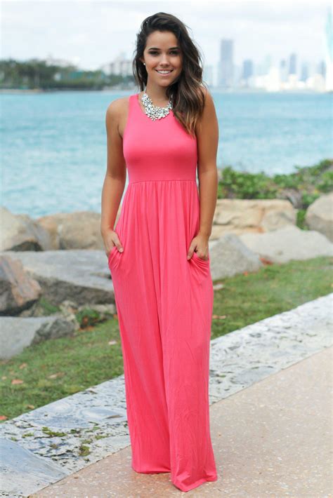 Coral Maxi Dress With Pockets Maxi Dresses Saved By The Dress