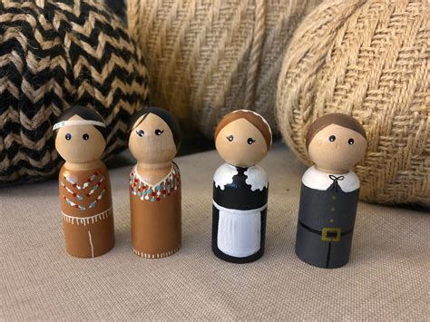 Thanksgiving Pilgrim And Native American Wooden Peg Doll Set Etsy