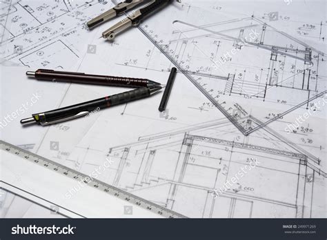Preparation Drafting Papers Tools Schemes On Stock Photo 249971269