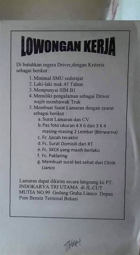 Ditemukan 24 lowongan untuk pencarian posisi driver. Lowongan Kerja Sopir PT. INDOKARYA TRI UTAMA Bekasi - Solusi Truk Hyundai Anda