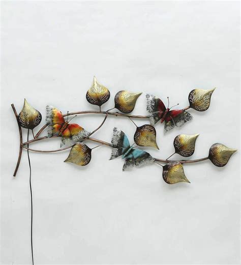 Buy Metal Butterfly On Leaf With Led In Multicolour Wall Art By Malik