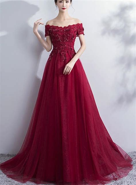 wine red  shoulder tulle  lace evening gowns