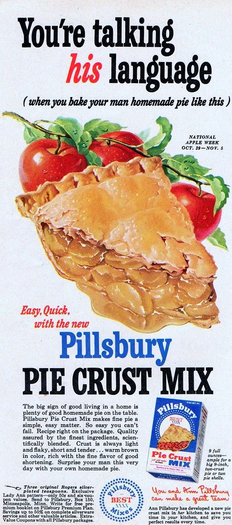 Spoon apples onto the centre of each square. Pillsbury pie crust ad - 1949 | From the October, 1949 ...