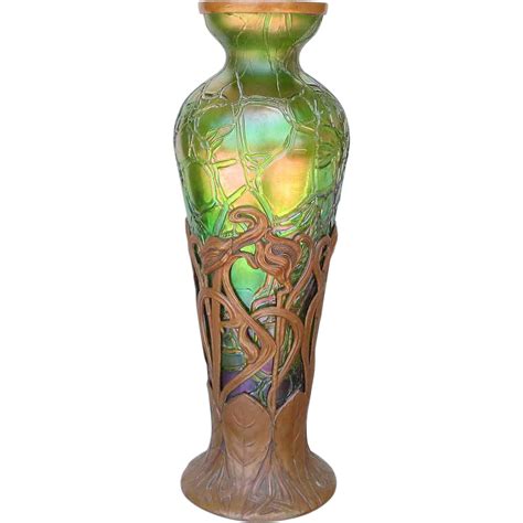 Circa 1890 Art Nouveau Kralik Vase In Bronze Armature From The Vault On Ruby Lane