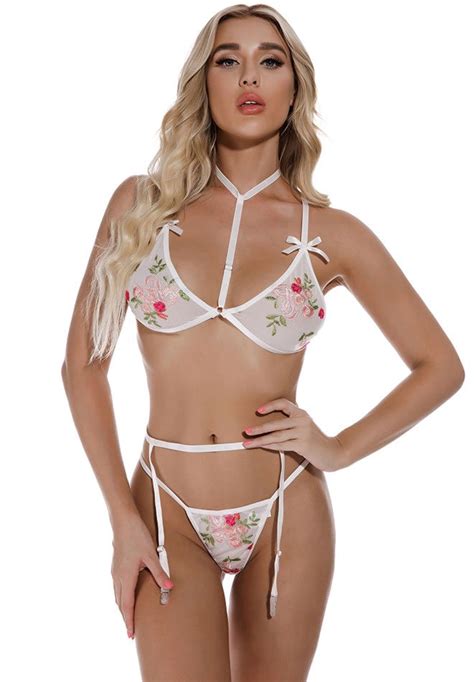 Floral Embroidered Lace 3 Piece Lingerie Set