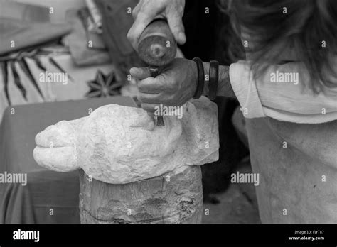 Stone Sculptor Working With His Tools Stock Photo Alamy