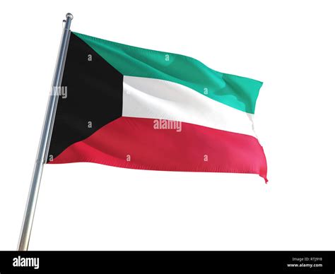 Kuwait National Flag Waving In The Wind Isolated White Background