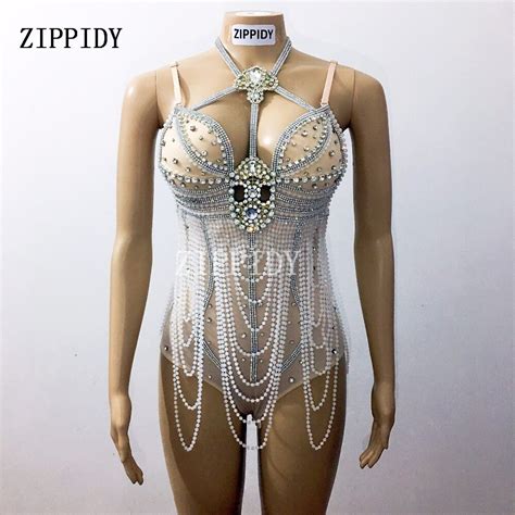 Sparkly Crystals Nude Chains Bodysuit Sexy Stretch Outfit Nightclub Shining Rhinestones DS