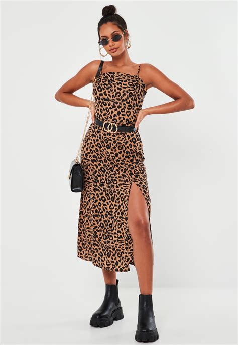 Missguided Stone Leopard Print Cami Tie Back Midi Dress Leopard