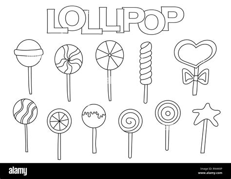 Lollipop Elements Hand Drawn Set Coloring Book Template Outline