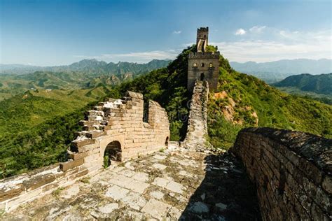 Great Wall Of China Remote Outpost And Ruins In Green Countryside Stock