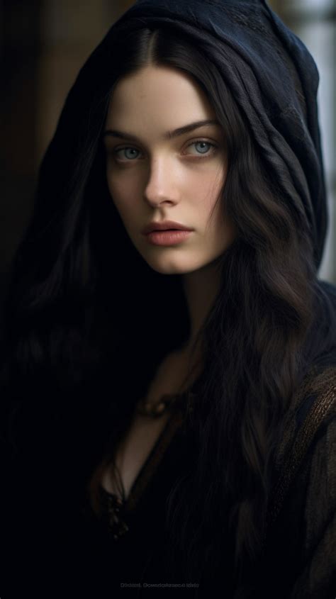 a woman with long dark hair and blue eyes wearing a black hood over her head