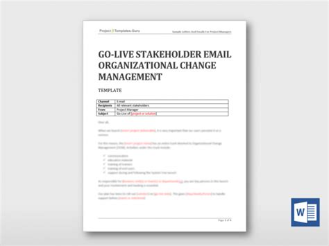 Go Live Stakeholder Email Organizational Change Management