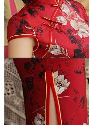 Red Floral Mid Qipao Cheongsam Party Dress CozyLadyWear