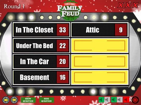 Before your party or family feud night, simply write out the top answers to each of the questions in the pdf document (get the printable below) on a poster board then cover each with a long piece of paper to. Christmas Family Feud Trivia Powerpoint Game - Mac and PC Compatible - Youth DownloadsYouth ...