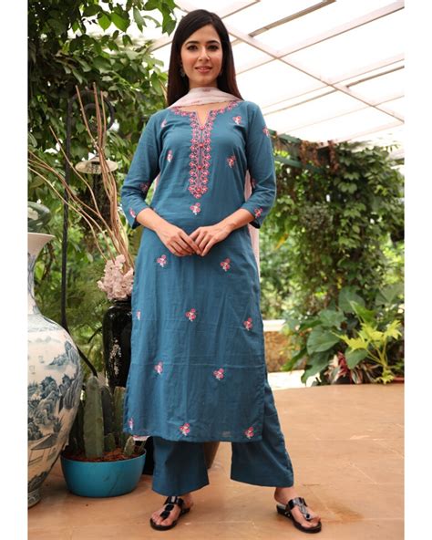 blue floral embroidered kurta and palazzo with dupatta set of three by ambraee the secret label