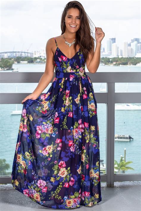 Navy Floral Printed V Neck Maxi Dress Maxi Dress Boho Style Outfits