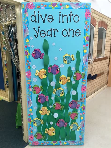 Drape blue, green, and purple hanging jellyfish lanterns and yellow fish netting from ceilings, or place them on bulletin boards to. Under the sea classroom door. | Ocean theme classroom ...