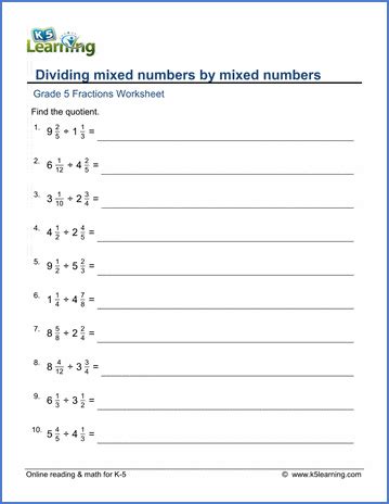 Free pdf worksheets from k5 learning's online reading and math program. Grade 5 Fractions Worksheet: Dividing mixed numbers by ...